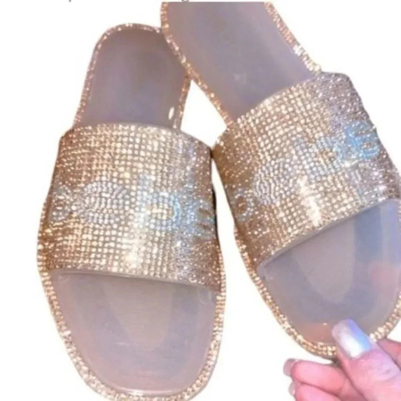 NWOT ROSE GOLD BEBE RHINESTONE FLAT SLIDES SIZE 8 EXTRA BLINGY✨✨ - Picture 3 of 9